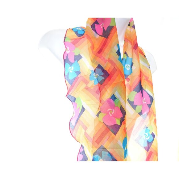Day Glo Mod Floral Scarf Sheer Geometric Pink Blue Flowers Orange Yellow Red - Picture 3 of 4